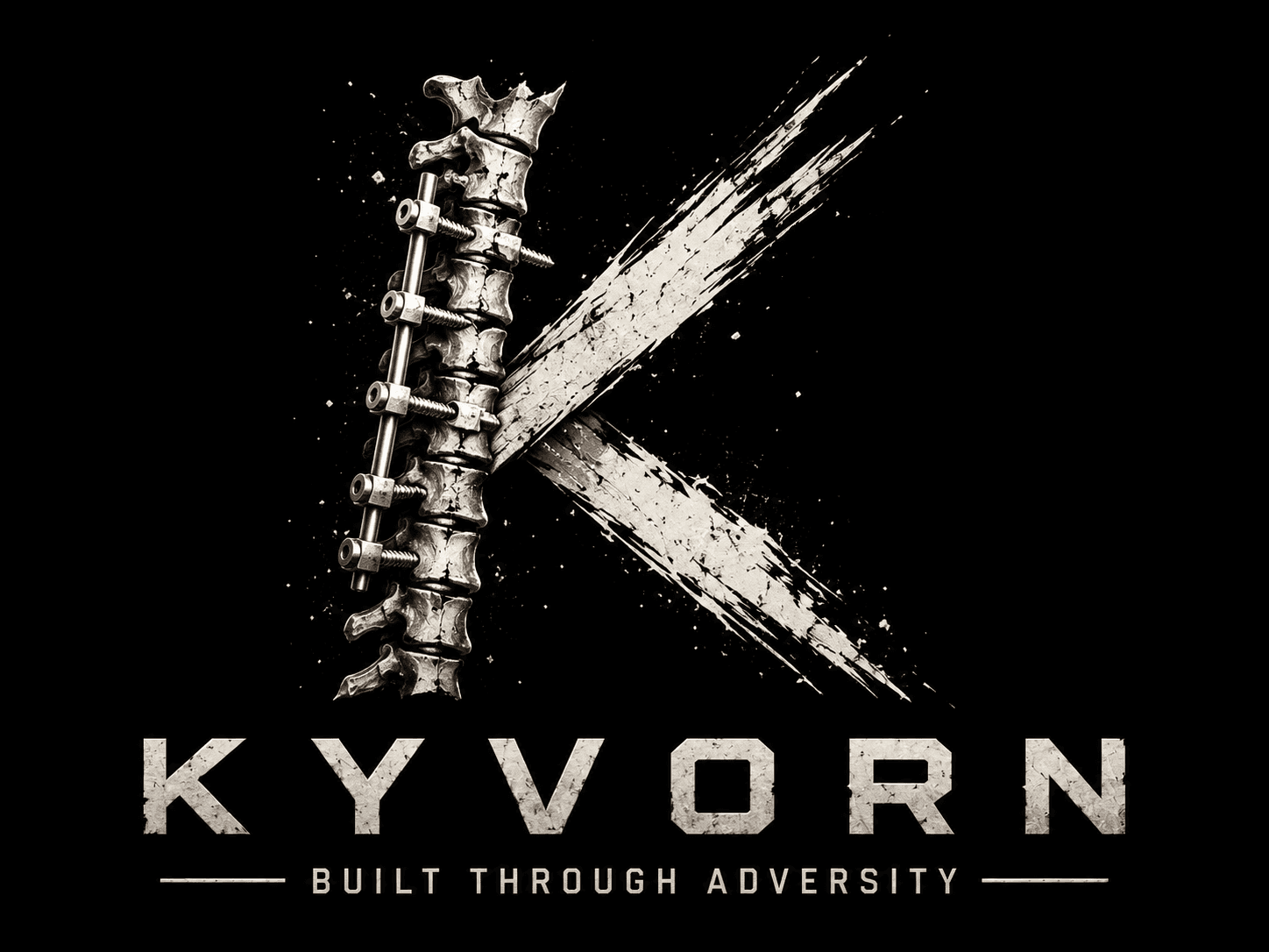 The Kyvorn mark: a K formed from a fused spine, representing the T-12 fracture behind the brand